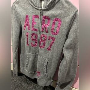 Aeropostale gray zip up hoodie with pink detail logo